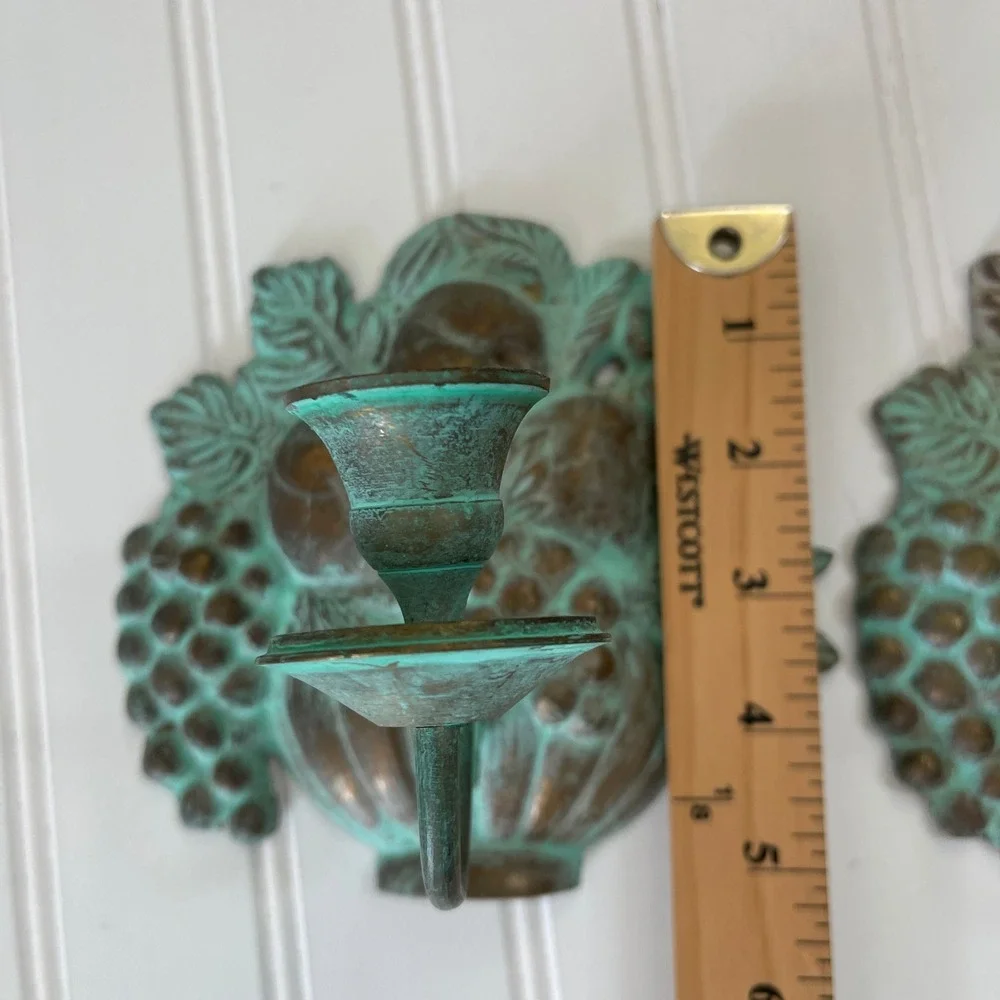 Vintage Brass Fruit‎ Basket Wall Sconces Pair Verdigris Patina Grapes Floral